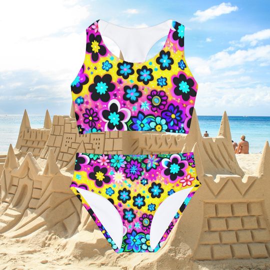 Cute colorful, abstract, floral print, Girls Two Piece Swimsuit (AOP)