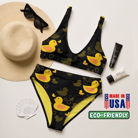 Rubber Ducky High-Waisted Bikini | Yellow Duck Bikini | Two-Piece Swimsuit | Funny Duck Beach Swimwear | Rubber Duckie Bathing Suit