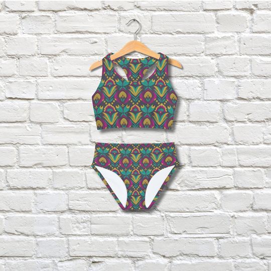Girls 2-Piece Swimsuit Set - Fuchsia Folk Paisley - 3/4 Yrs to 11/13 Yrs
