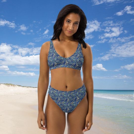 Blue Floral High-Waisted Bikini, Full Coverage Bikinis, Two-Piece Swimsuits, Plus Size Bikini, Recycled Material, Eco-Fabric, Cute Swimsuits