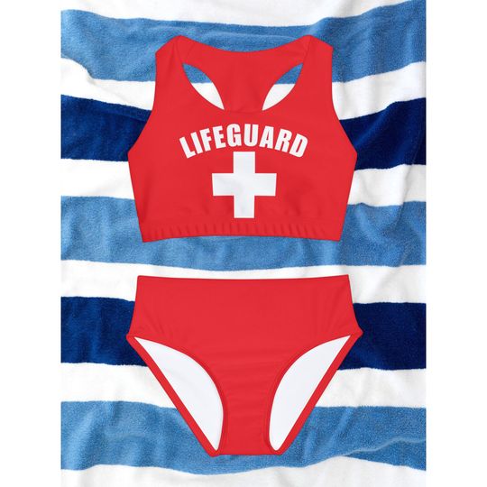 Red Lifeguard Girls Two Piece Swimsuit Lifeguard Swimsuit Girls Summer Swimwear Kids Bikini Set Pool Party Outfit Kids Red Bathing Suit Gift