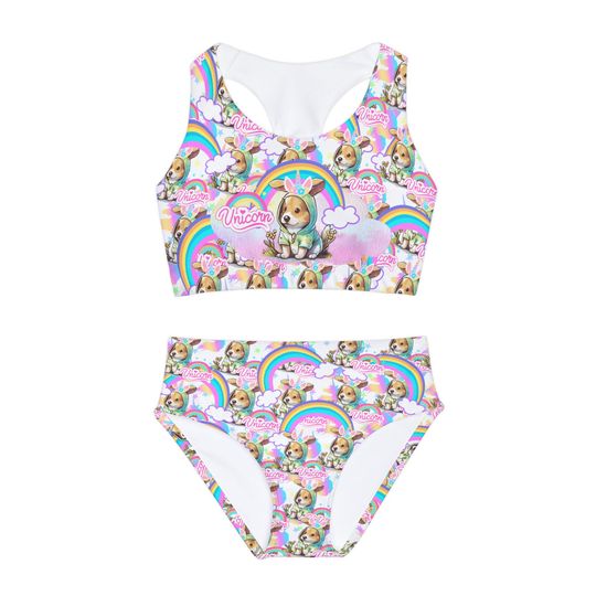 Girls Two Piece Swimsuit, Colorful Doggie-Corn Bathing Suit, Summer Beach Outfit, Kids Swimwear Set, Cute Animal Print Bikini, Pool Party