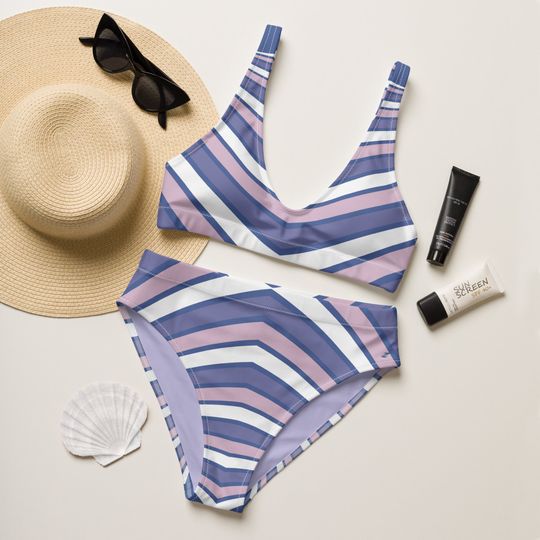 High Waisted Two-Piece Bikini Swimsuit, Eco Friendly Bathing Suit - Women's Purple Lavender Striped  Swimwear for Her Summer, Beach, or Pool