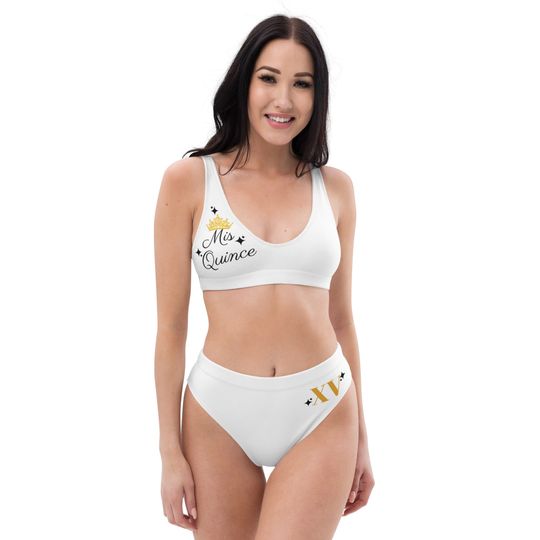 Quinceanera swimsuit, Quince birthday two piece swimsuit, white and black Bikini swimsuit, girls, teens, Recycled high-waisted bikini