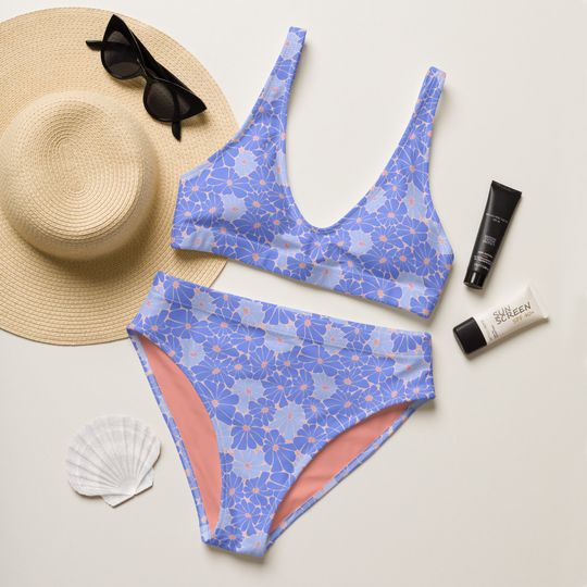 HIGH WAISTED BIKINI - Light Blue Bathing Suit for Women - Floral Two Piece Swimsuit - Cute Bikini - Womens Bikini Set