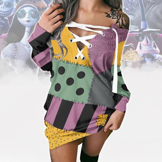 Halloween Sally Skellington Cross Sweater Dress, Nightmare Before Christmas Casual Dress, Sally Halloween Cosplay Outfit, Gift For Her