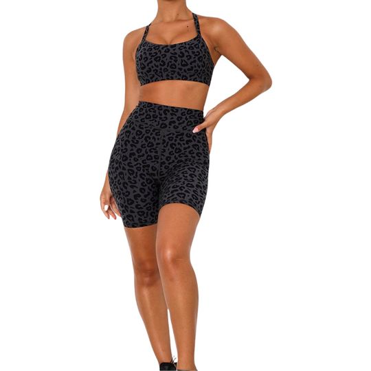Grey Leopard Print Two Piece Yoga, Gym, and Runner Set