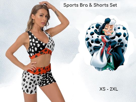 Cruel lady Inspired Sports Bra & Sports Shorts Set, Cruella Costume, Honeycomb Fabric, Yoga Set, Cosplay Apparel, Adult Halloween Costume