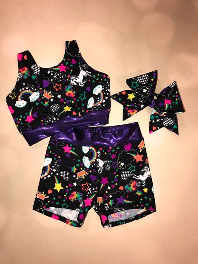 The "Emma" Girls Dancewear Unicorn crop top sport bra, spandex shorts with optional matching Cheer Bow set / unicorn shorts / rainbow