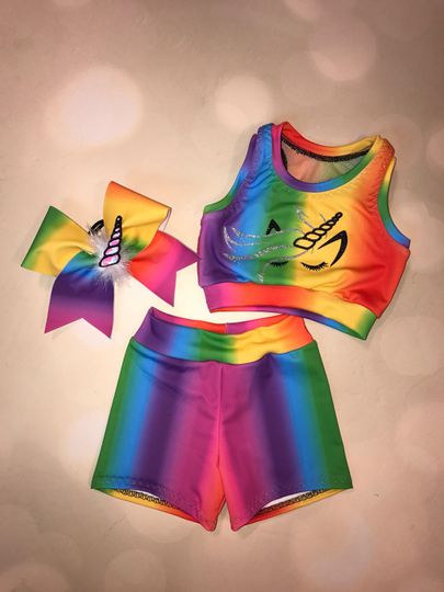 The "Anna" Mesh Back Rainbow Unicorn sport bra, spandex shorts with optional matching Cheer Bow set / unicorn shorts / girls dance costume