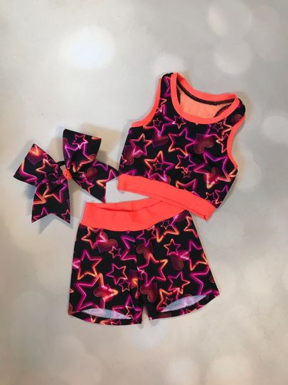 The "Maci" Neon Orange Mesh back Star sport bra crop top, spandex shorts with optional matching Cheer Bow set / Girls Dancewear / Practice