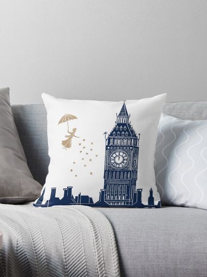 Mary Poppins and Big Ben Linocut Pillow