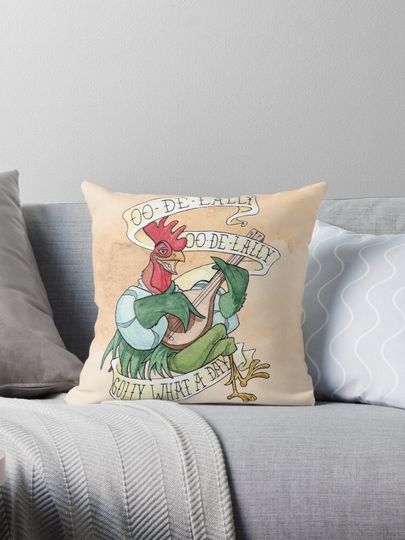 Alan-A-Dale Rooster : OO-De-Lally Golly What A Day Tattoo Watercolor Painting Robin Hood Pillow