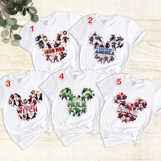 Custom Avengers Mickey Head Unisex T-shirt, Marvel Avengers Character Shirt, Iron Man Caption American Hulk Spiderman Scarlet Witch Shirts