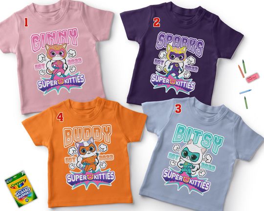 Funny Superkitties Birthday Kid Youth Toddler Shirt, Super Kitties Birthday Family Shirt, Bitsy Ginny Sparks Buddy Cat Burglar Shirt Gift