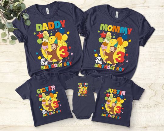 Curious George Birthday Family T-Shirt, Personalized Curious George Birthday Shirt, Custom Dad Mom Name Kid Curious George Shirt Gift
