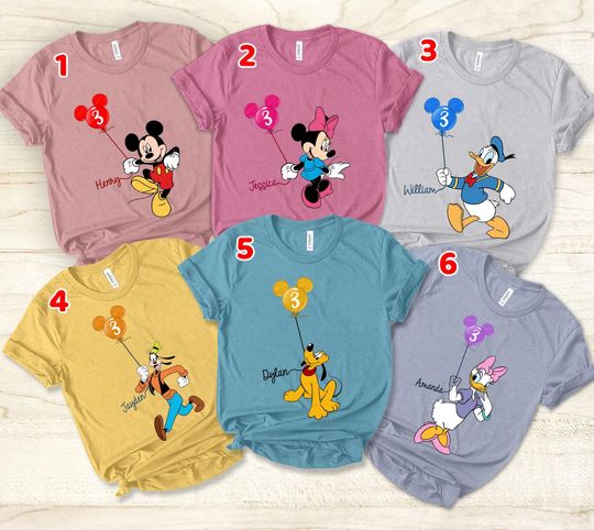 Custom Kid Toddler Name Age Mickey & Firends With Balloon Shirt, Personalized Mickey Mouse Birthday Present Gift, Disneyland Family Trip Tee