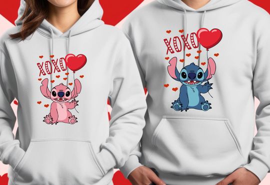 Stitch Couple Hoodie, Stitch and Angel Couple Hoodie, Her Stitch Hood, His Angel Hoodie, Gift For Her, Gift For Him, Family Matching Hood