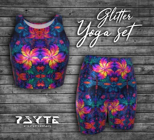 Hibiscus Glitter Yoga Set, Glitter Fabric, Crop top and Yoga Shorts Set, Yoga outfit, Workout wear