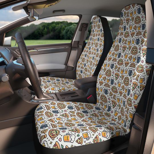 Fun and Colorful Car Seat Covers - Pizza and Beer, Unique Auto Accessories, Car Decor, Gift for Car Lovers, Road Trip Essentials, Stylish
