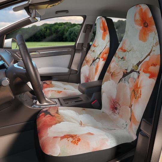 Polyester Car Seat Cover Full Set | Cherry Blossom Car | Matching Car Accessories | Car Related Gifts, Car Headrest Cover, Flower Seat Cover
