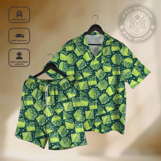 Shiny Green Dice Hawaiian Shirt Shorts Fantasy Game Dungeon Master Dice Gifts