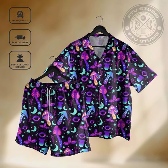 Colorful Mushroom Eye Hawaiian Shirt Shorts Dungeon Magic Game Party Shirt Gifts