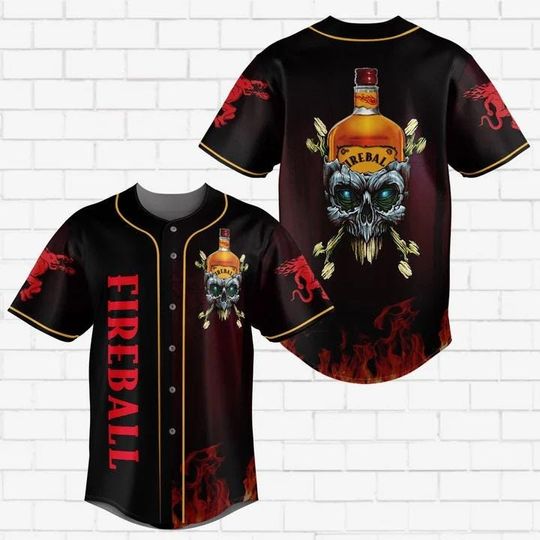 Skull Fireball Whiskey Baseball Jersey - Fireball Jersey Shirt For Men Women, Fireball Baseball Shirt, Drinking Lover Gift