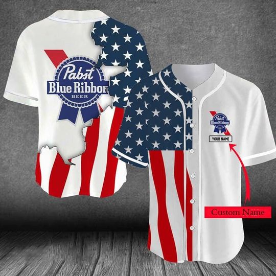 Personalized US Flag Pabst Blue Ribbon Baseball Jersey - Pabst Blue Ribbon Jersey Shirt For Men Women, Pabst Blue Ribbon Baseball Shirt