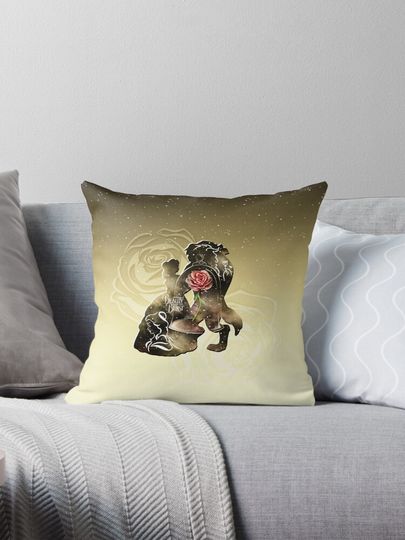Beauty - Beast - Gold Red Rose Couple Romantic Magic Enchanted Love Pillow