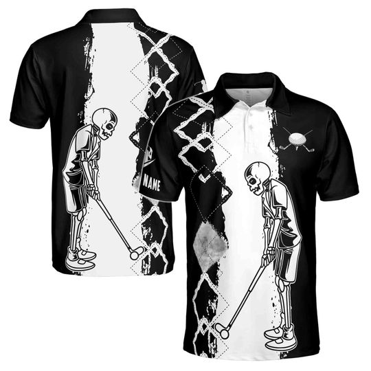 Customize Black And White Skull Golfing Men's Polo Shirt