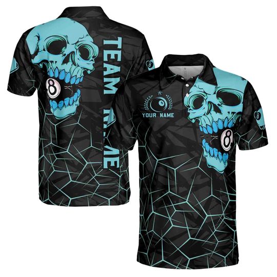Funny Custom Name Team Name Skull Holding 8 Balls Billard Pool Men's Polo Shirt