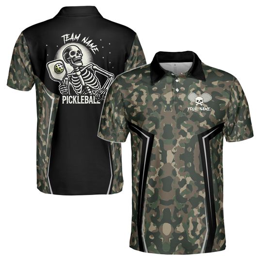Personalized Name Camo Pattern Skull Plays Pickleball Men's Polo Shirt