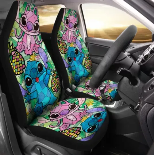 Cute Stitch And Angel Love Pineapple Stained Glass Pattern Car Seat Covers