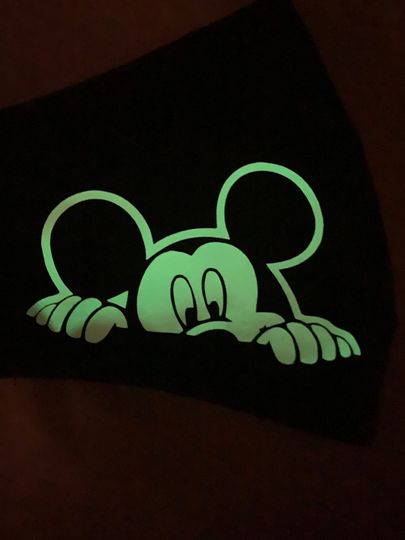 Mickey Peeking on Black Mask  White Vinyl that Glows in the Dark Vinyl, US Made Face Mask 3 Sizes available