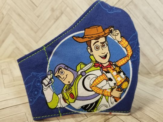 Child's Face Mask Washable 100% Cotton with: Filter Pocket, Nose Wire/Wire Pocket, Adjustable Ear Straps- Toy Story