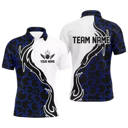Blue Bowling Pattern Custom Men Bowling Polo Shirts Flame Bowling Team