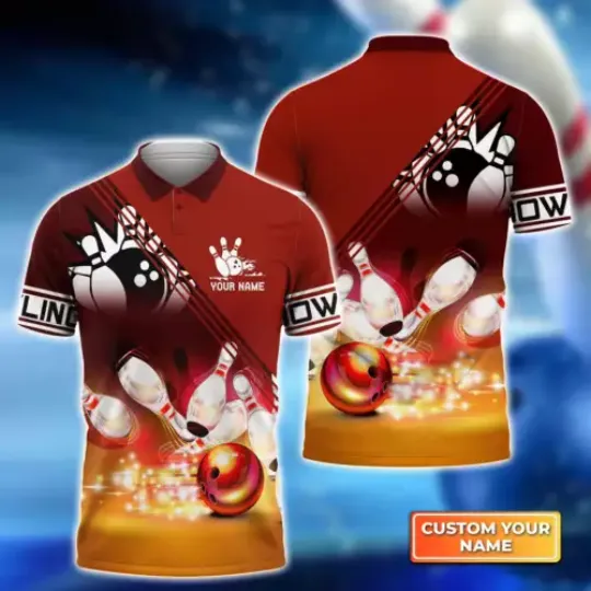 Bowling Shirt, Red Bowling Ball Crashing into the Pins 3D Polo Shirt