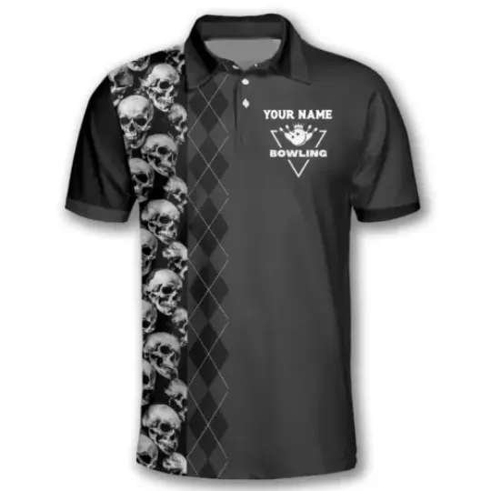 Personalized Name Bowling Skull Argyle Pattern 3D Polo Shirt