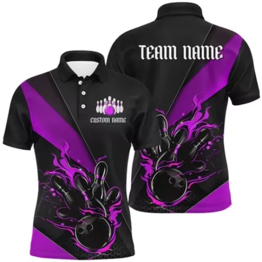 Discover Custom Name And Team Name Black And Purple Bowling Polo Shirt