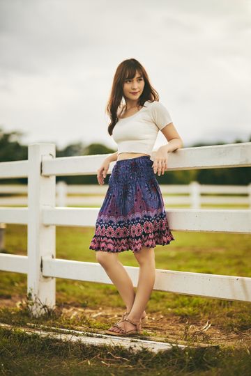 Dark Blue Boho Skirt Knee length Skirt for Women Mini Skirts Trendy Girls Bohemian Style Flowy Skort - Floral Print Skater Skirt Midi Skirt