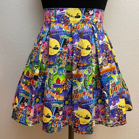 Handmade Skirt with POCKETS! Printed Pleated High Waisted Skater Skirt Made with Nightmare Before Christmas Haunted Mansion Fabric