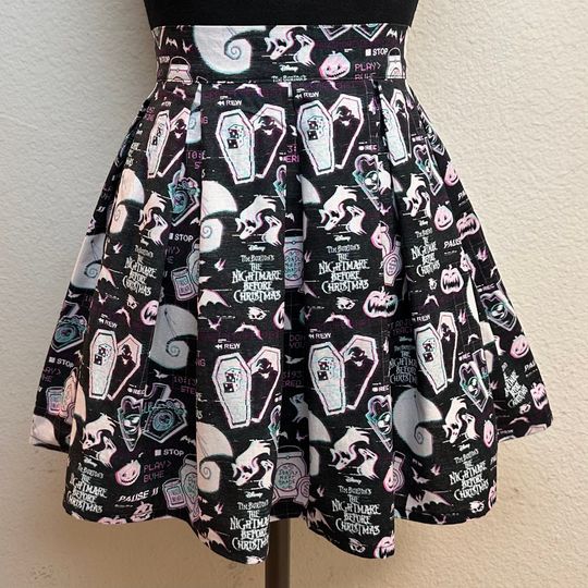 Handmade Skirt with POCKETS! Printed Pleated High Waisted Skater Skirt Made with Nightmare Before Christmas TV Static Fabric