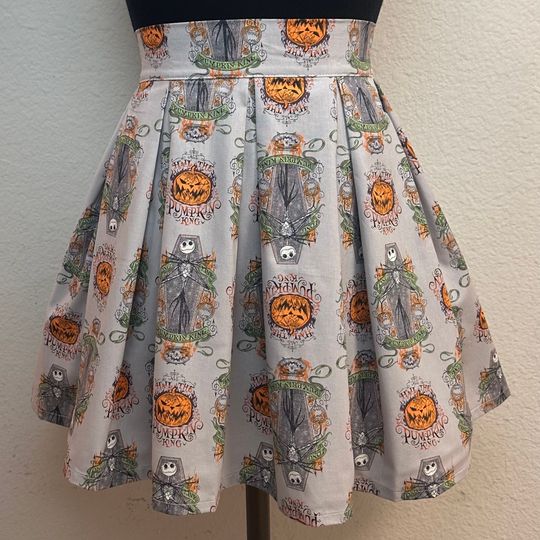 Handmade Skirt with POCKETS! Printed Pleated High Waisted Skater Skirt Made with Jack Skeleton Nightmare Before Christmas Fabric