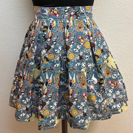 Handmade Skirt with POCKETS! Printed Pleated High Waisted Skater Skirt Made with Nightmare Before Christmas Characters Fabric