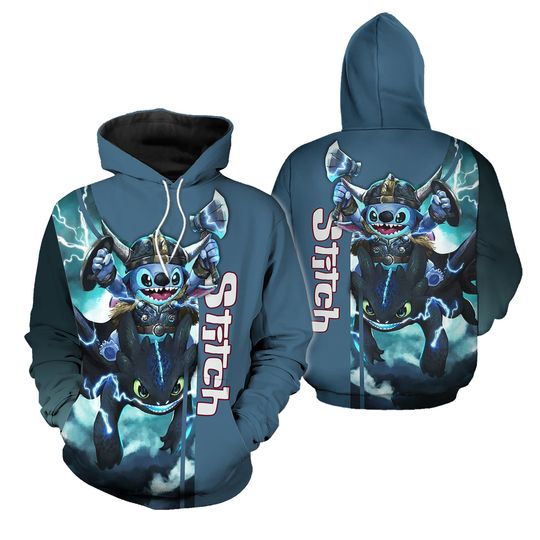 Stitch Riding On Toothless Matching Friends Halloween Xmas Disney 3D Hoodie