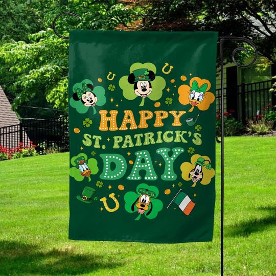 Disney Mickey And Friends St Patricks day Garden Flag, Mouse St Patrick, Mouse Clover, Disney Mouse Family, Shamrock Decor