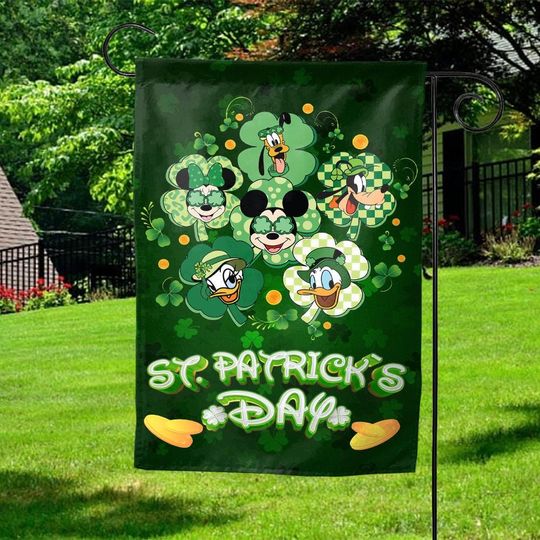 Mouse And Friends St Patricks day Garden Flag, Mouse St Patrick, Mouse Clover, Disney Mouse Family, Shamrock Decor