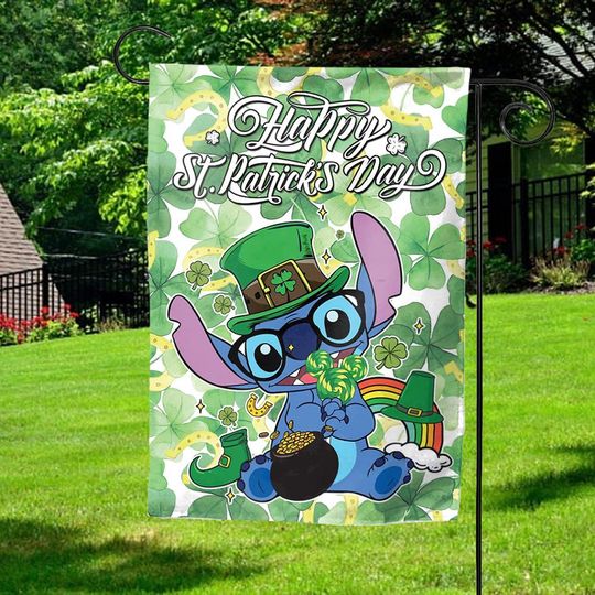 Happy St Patrick's Day Flag,Disney Stitch Garden Flag,Lucky Four Leaf Clovers Flag,Irish Blessing Flag,Disney Lilo and Stitch Flag