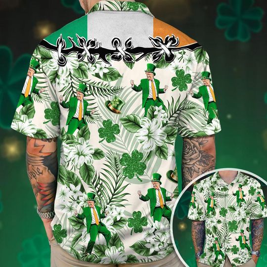 Funny Trump St Patrick's Day Button Shirt, St Patricks Day Shirt, Irish Flag Hawaiian Shirt, Summer Shirt, Holiday Shirt, Vacation Gift